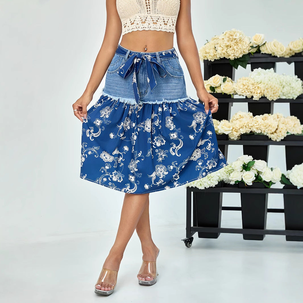 Women Lace up Denim Chiffon Patchwork Large Swing Skirt Bohemian Floral Umbrella Skirt
