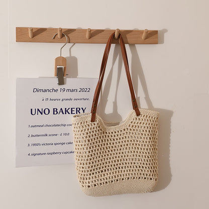 Casual Hollow Out Cutout Shoulder Cotton Thread Woven Bag Small Size Idle Portable Straw Weaved Bag Seaside Vacation Beach Bag Women Bag One Size Cotton Thread Concave Bag Small Size M