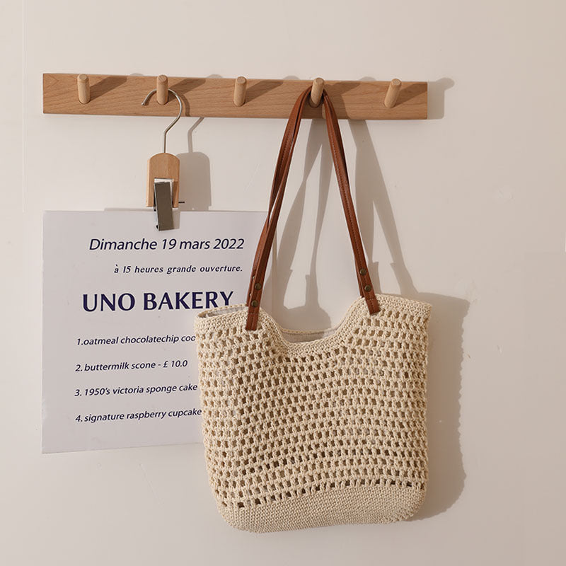 Casual Hollow Out Cutout Shoulder Cotton Thread Woven Bag Small Size Idle Portable Straw Weaved Bag Seaside Vacation Beach Bag Women Bag One Size Cotton Thread Concave Bag Small Size M