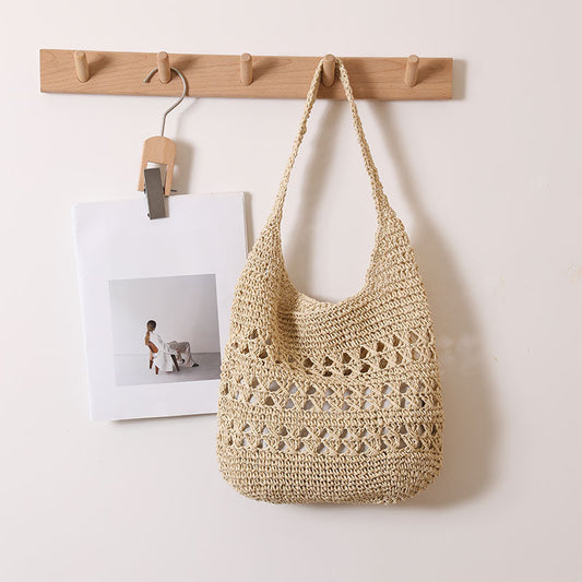 Large Capacity Hollow Out Cutout Shoulder Straw Bag Tote Straw Bag Woven Bag Seaside Vacation Beach Bag Women Bag One Size Three Layer Flower Hollow Rice