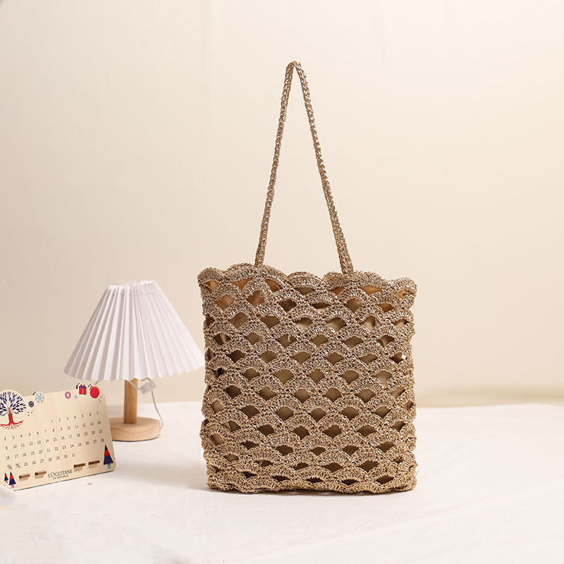 Hollowed out Shoulder Straw Bag Wave Pattern Straw Bag Woven Bag Vacation Beach Bag Niche Design Women Bags One Size Gold Fan Surface