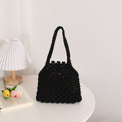 Hollow Out Cutout Cotton Thread Woven Bag Summer Cotton String Women Bag Portable Solid Color Straw Bag Vacation Beach Bag One Size Oblique Small Cotton Thread Black
