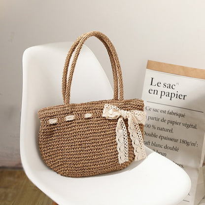 Bow Woven Bag Shoulder Hand Woven Straw Bag Seaside Vacation Beach Bag Women Bag