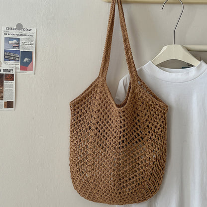 Casual Large Capacity Cotton Thread Woven Bag Hollow Out Cutout Straw Bag Idle Shoulder Bag Vacation Beach Bag Women Bag One Size Hollow Carambola with Inner Bag Coffee
