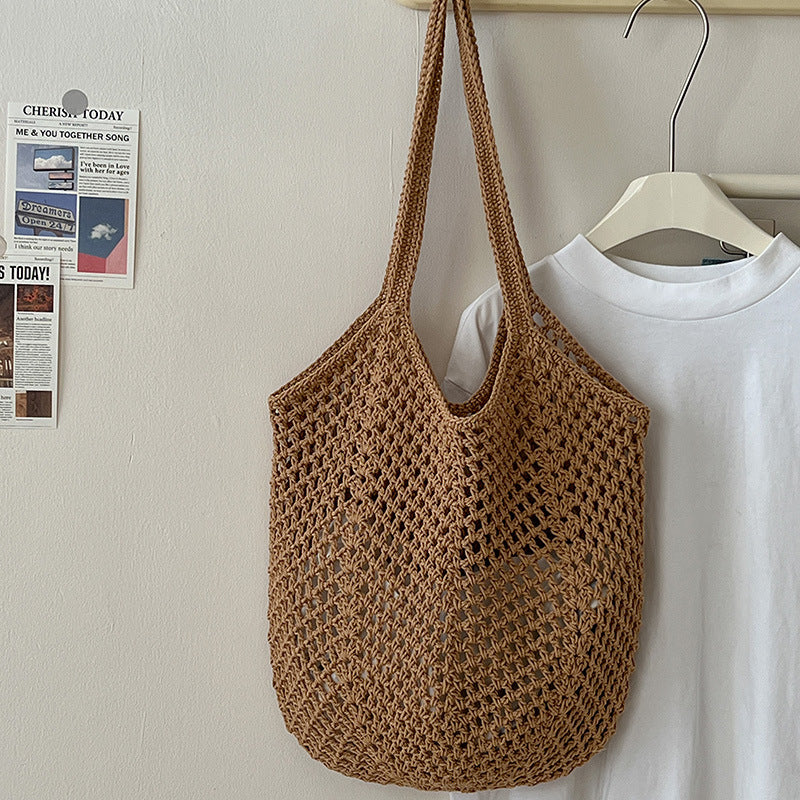 Casual Large Capacity Cotton Thread Woven Bag Hollow Out Cutout Straw Bag Idle Shoulder Bag Vacation Beach Bag Women Bag One Size Hollow Carambola with Inner Bag Coffee