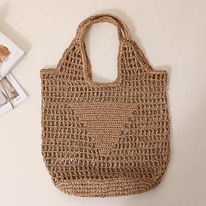 Large Capacity Hollow Out Cutout Straw Bag Fresh Candy Color One Shoulder Tote Woven Bag Portable Women Beach Bag One Size Coffee
