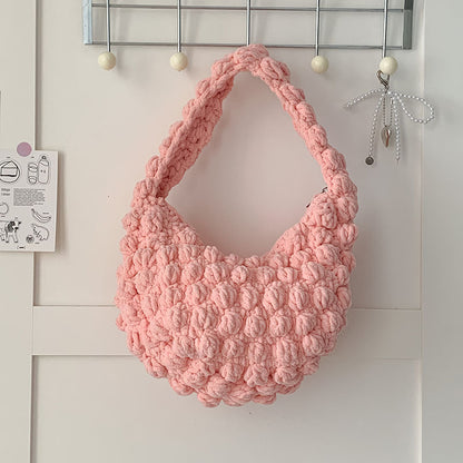 Cute Portable Beanie Straw Bag Handmade Crocheted Solid Color Hand Carrying Woven Bag Women Seaside Vacation Beach Bag One Size Color Doudou Bag Pink