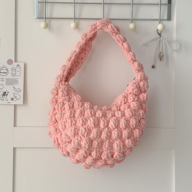 Cute Portable Beanie Straw Bag Handmade Crocheted Solid Color Hand Carrying Woven Bag Women Seaside Vacation Beach Bag One Size Color Doudou Bag Pink