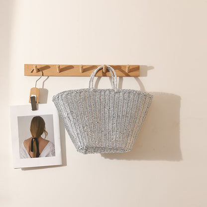 Silver Portable Straw Weaved Bag Metal Sense Large Capacity Hand Carrying Woven Bag Women Seaside Vacation Beach Bag One Size Silver