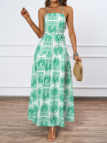 Women Floral Halter Beach Hawaii Holiday Dress Green Pattern