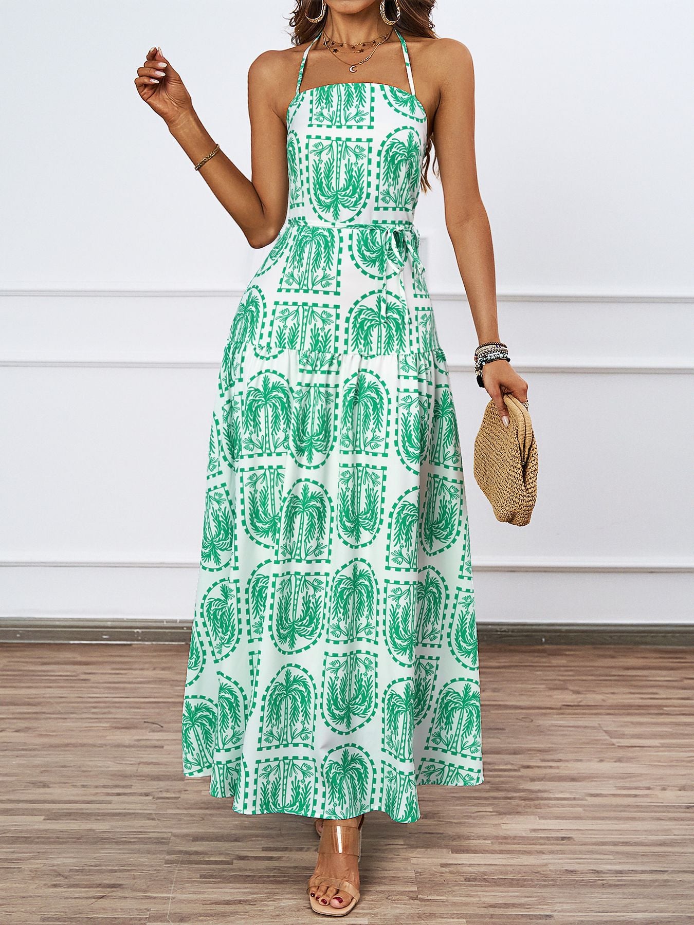 Women Floral Halter Beach Hawaii Holiday Dress Green Pattern