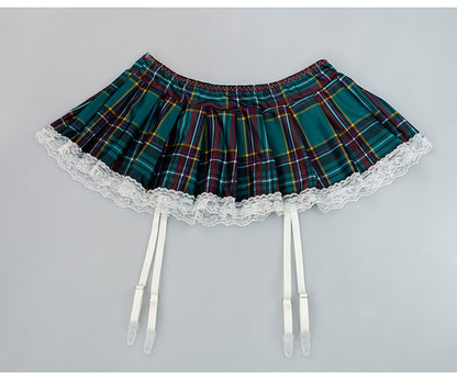 Sexy Lace Edge Short Sleeve Cropped Student Sexy Lingerie Suit Green Plaid