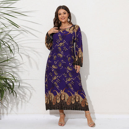 Plus Size Ethnic Loose Maxi Dress Cashew Printed Long Sleeve Dress Cashew Purple