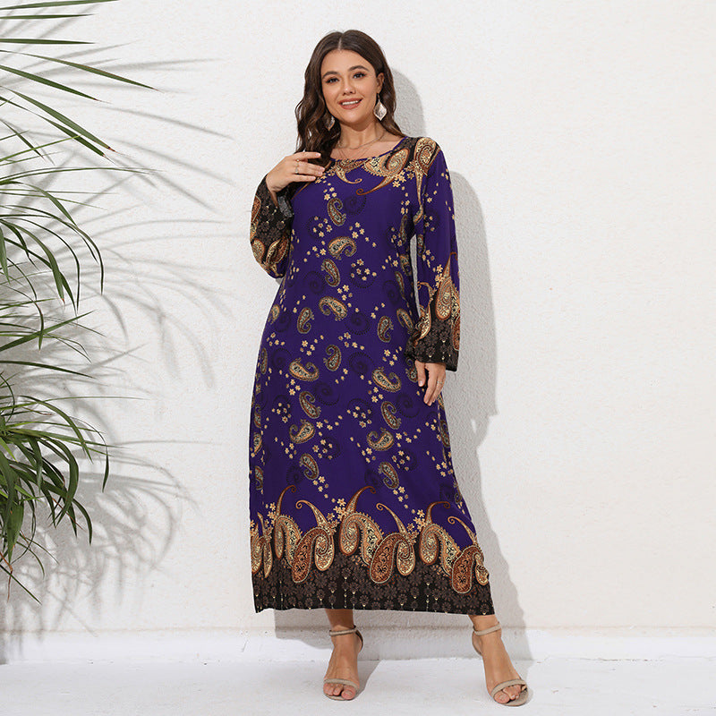 Plus Size Ethnic Loose Maxi Dress Cashew Printed Long Sleeve Dress Cashew Purple