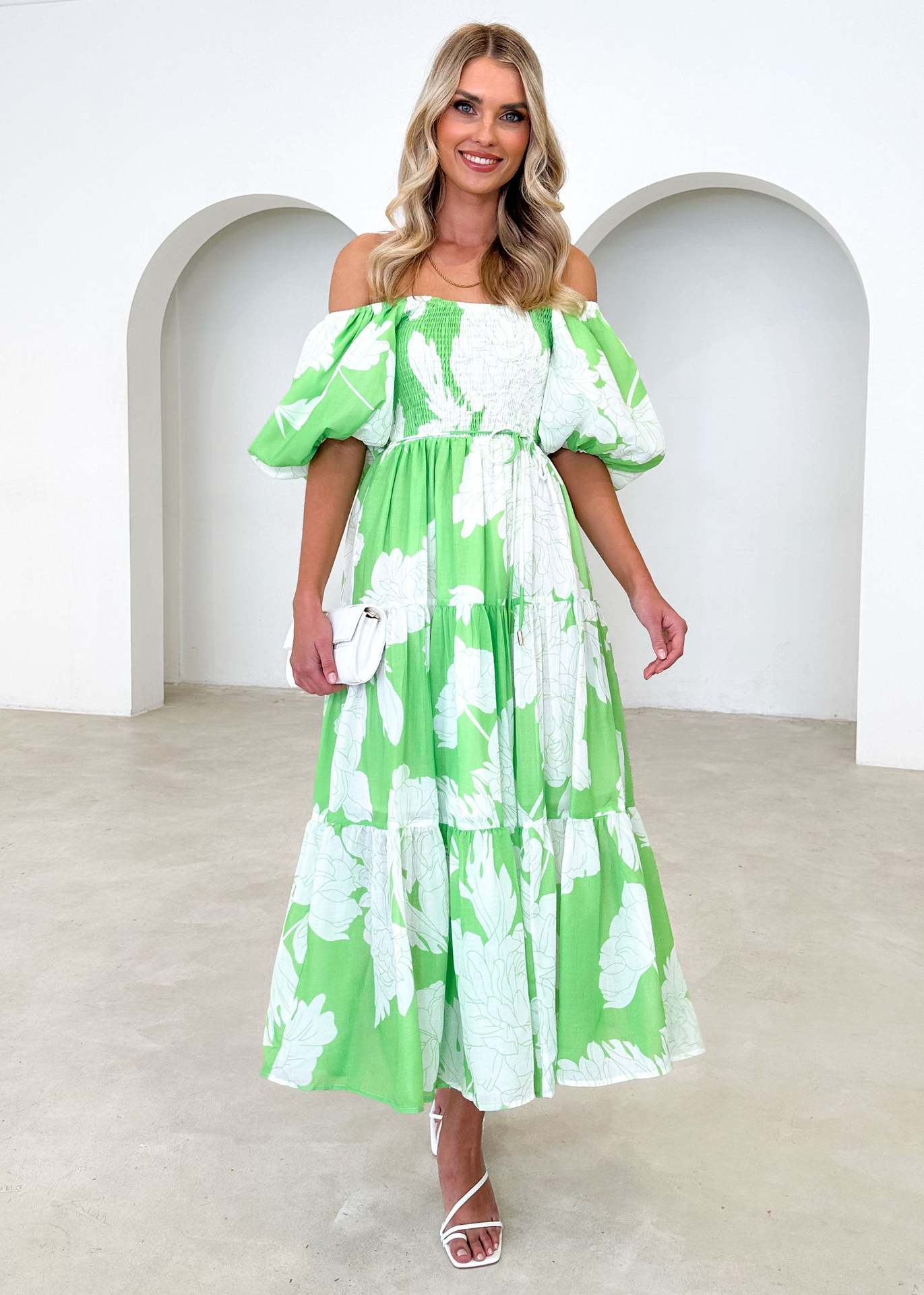 Women Clothing Elegant Floral Print off Shoulder Puff Sleeve Dress Women Green White Printing