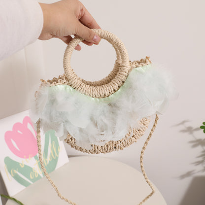 Fairy Feather Crossbody Straw Bag Cute Portable Semicircle Straw Bag Woven Bag Rattan Weave Bag Seaside Vacation Beach Bag One Size Feather Mini Size Green