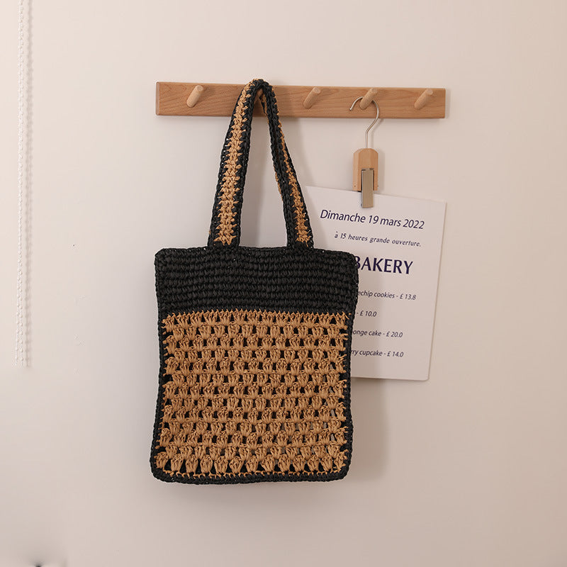 Color Matching Hollow Out Cutout out Crochet Shoulder Straw Bag Special Interest Design Hand Woven Bag Seaside Vacation Beach Bag