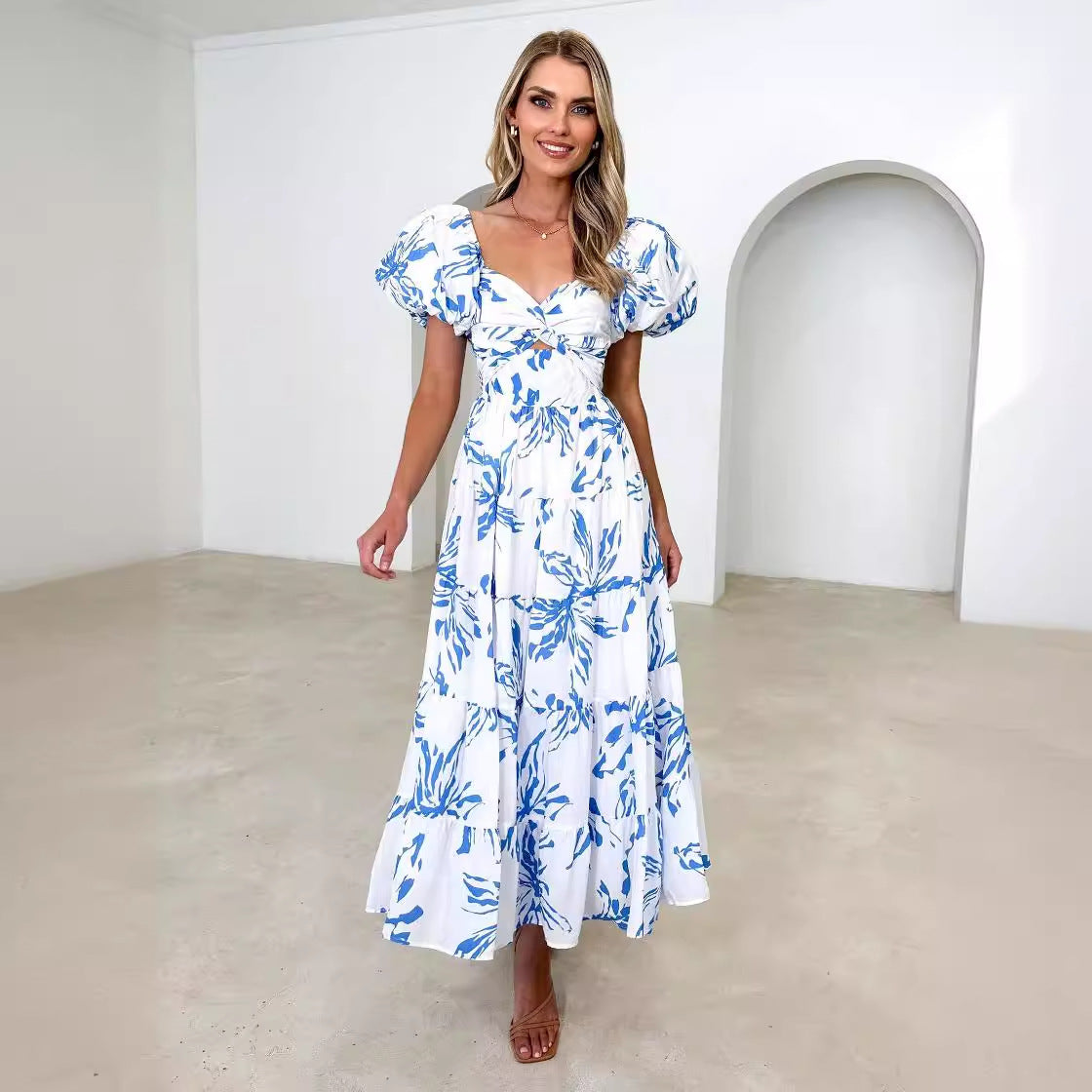 Spring Women Fashionable Elegant Puff Sleeve V neck Hollow Out Cutout out Printed Dress for Women