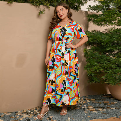 Plus Size Dress Summer Art Painted Floral Elastic Waist Short Sleeve Dress Magic Color