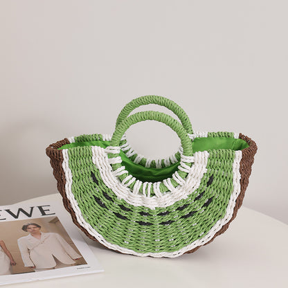 Fresh Candy Colored Watermelon Portable Straw Weaved Bag Cute Fruit Woven Bag Seaside Vacation Beach Bag One Size Small Kiwi Fruit