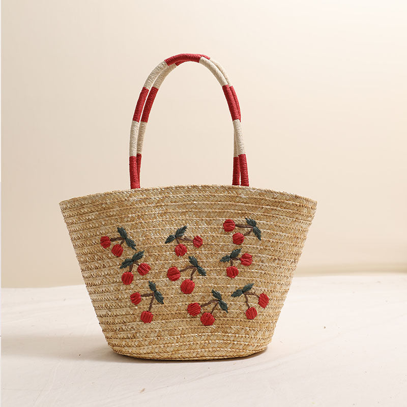 Niche Embroidered Cherry Shoulder Straw Bag Large Capacity Straw Woven Bag Seaside Vacation Beach Bag One Size Brown