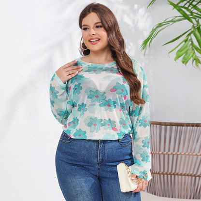 Women Lightweight Casual Printing round Neck Long Sleeve Top Ice Silk Net Yarn Cool T shirt