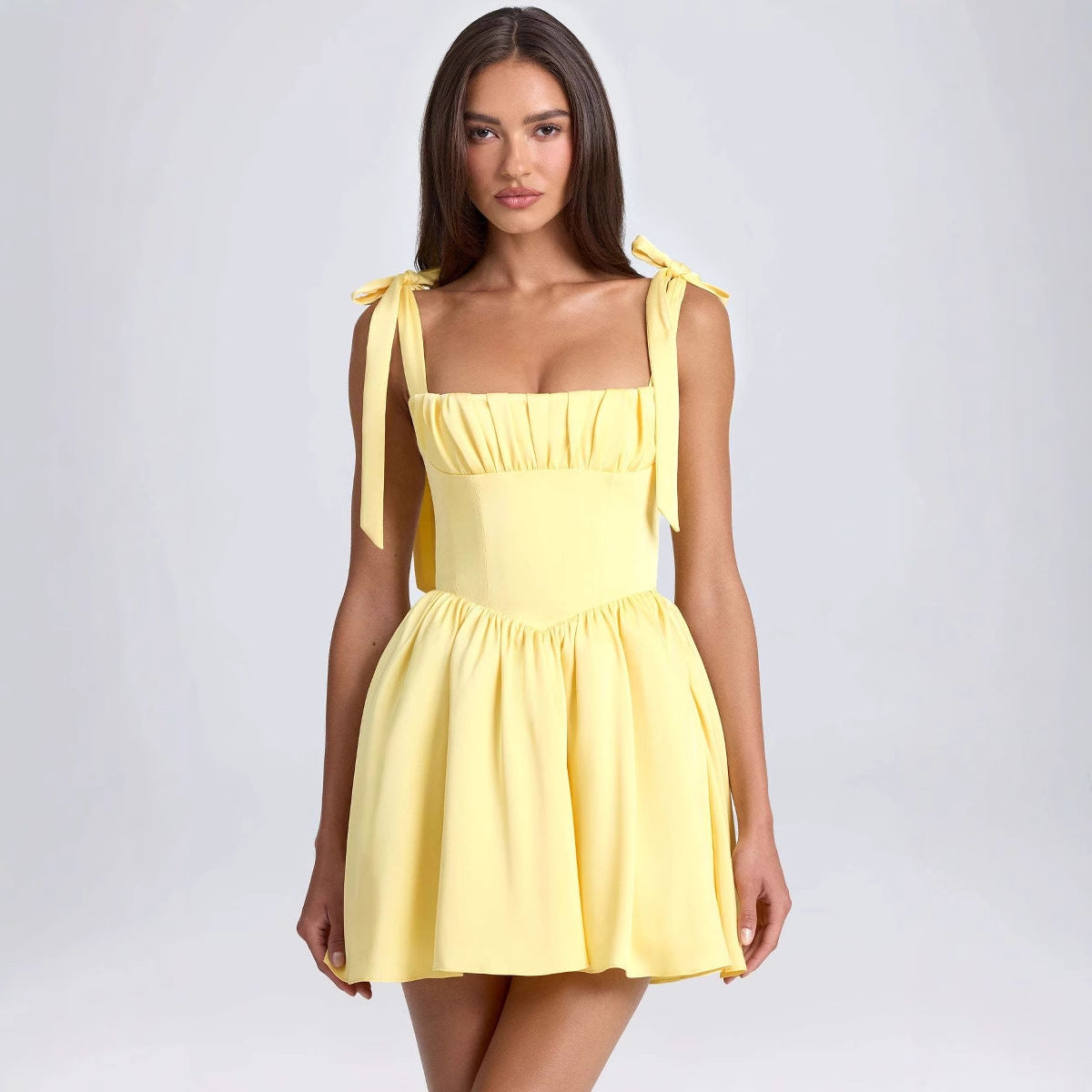 Summer Women Clothing Square Collar High Waist Ruched Stitching Strap Suspenders Puff Dress Yellow