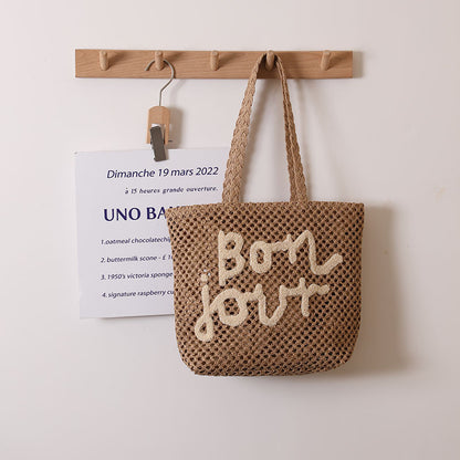 Letter Graphic Embroidery Woven Bag All Match Shoulder Hollow Out Cutout Straw Bag Vacation Beach Bag Women Bag One Size Letter One Shoulder Coffee Rice