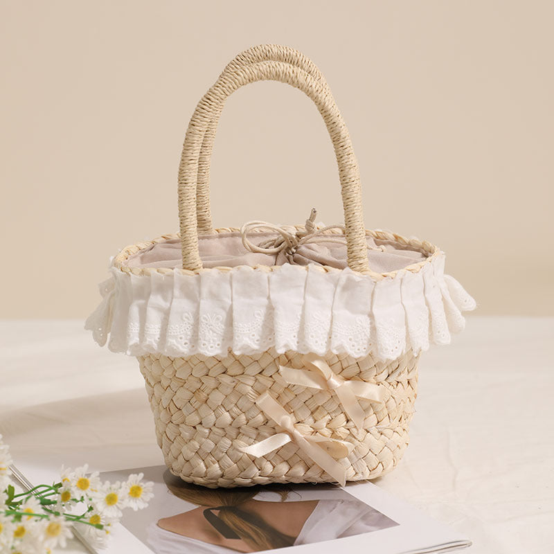 Cute Lace Portable Corn Husk Straw Bag Bow Woven Bag Vacation Beach Bag Hand Carrying Small Basket One Size Lace Corn Husk Within Small Basket