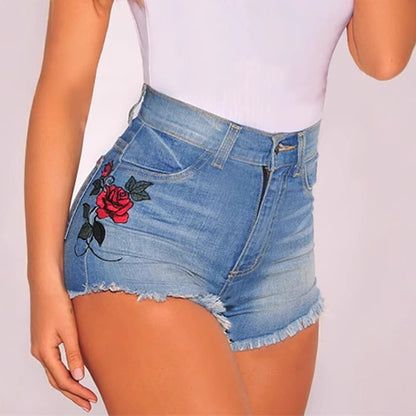 Ladies High Waist Slim Fit Side Embroidered Stretchy Burr Denim Shorts