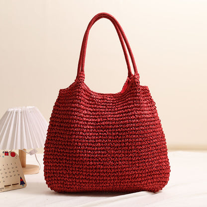 Large Capacity Tote Straw Bag Casual Shoulder Woven Bag Vacation Beach Bag Women Bag One Size Big One-Shoulder Knitted Red