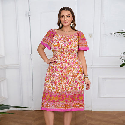 Plus Size Women Clothing Short Sleeve Bohemian Dress Holiday Beach Dress Summer Red