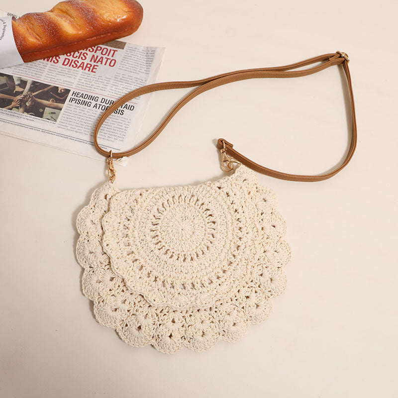 Lace Crossbody Cotton Thread Woven Bag Hollow Out Cutout Shoulder Straw Bag Vacation Beach Bag Women Bag One Size Cream