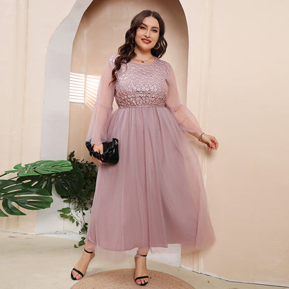 Plus Size Mesh Long Sleeve Dress Evening Dress Women Plump Girls Cocktail Party French Midi Dress Pink