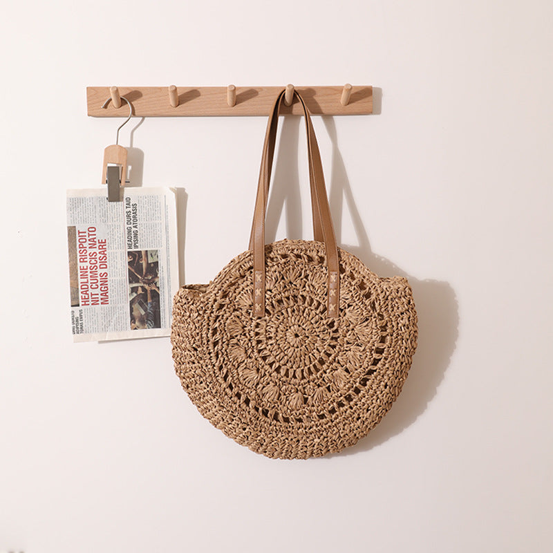 round Straw Bag One Shoulder Portable Hollow Out Cutout out Straw Bag Woven Bag Women Summer Seaside Casual Vacation Beach Bag One Size Round Hollow Coffee