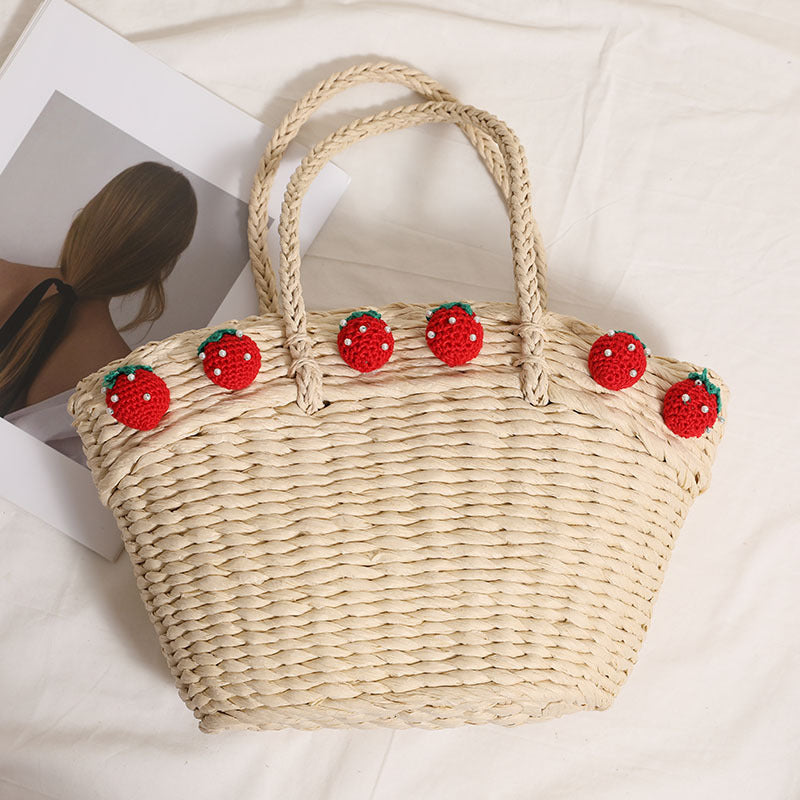 Cute Strawberry Portable Vegetable Basket Bag Hand Carrying Large Capacity Straw Bag Vacation Beach Bag Hand Woven Bag One Size Strawberry Shell Rice