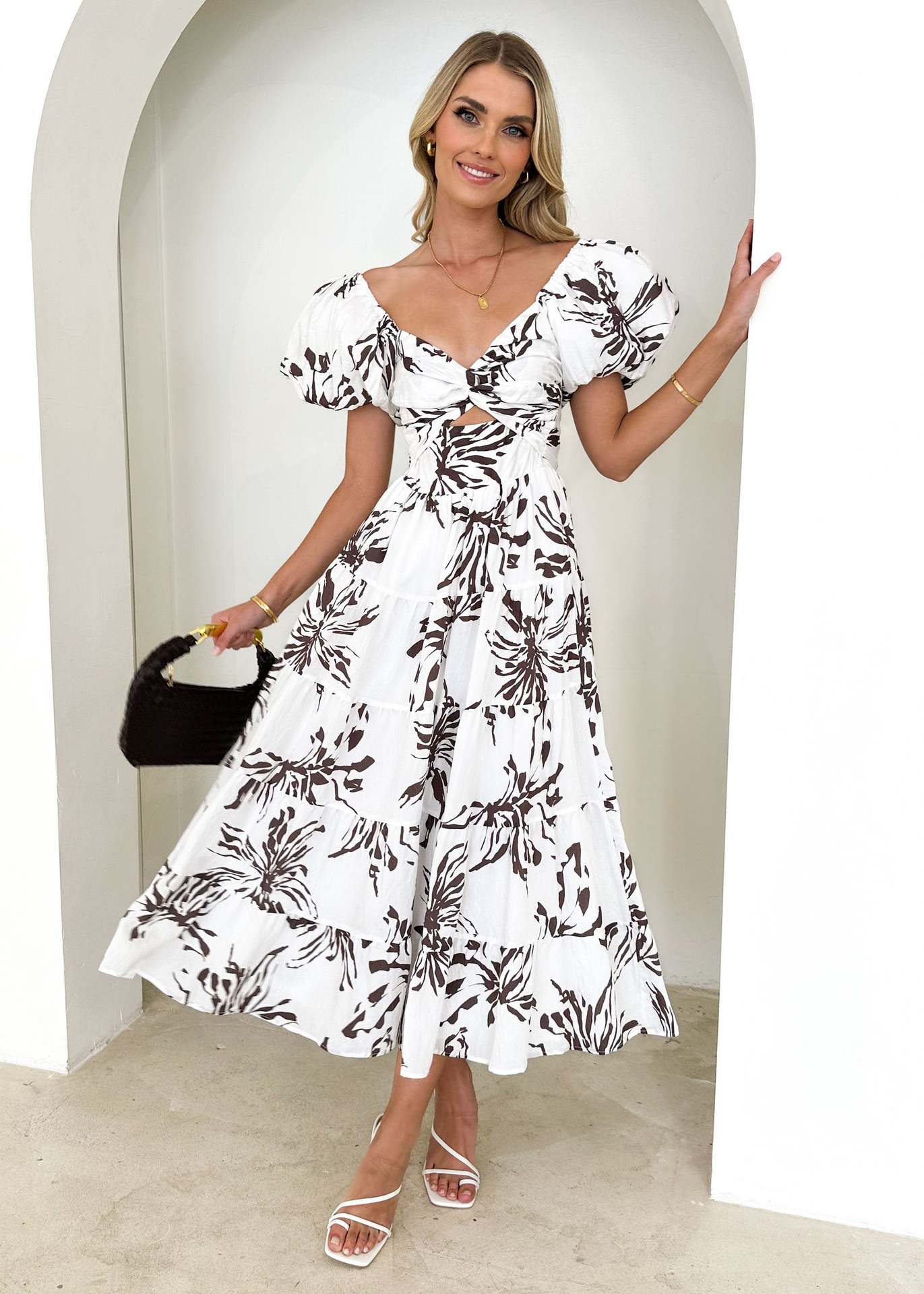 Spring Women Fashionable Elegant Puff Sleeve V neck Hollow Out Cutout out Printed Dress for Women Black-and-White Printing