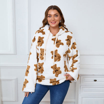 Loose Casual Cow Plush Long Sleeved Top Plump Girls Can Be Worn outside plus Size Hooded Sweater Bear White