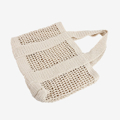 Casual Large Capacity Cotton Thread Woven Bag Hollow Out Cutout Straw Bag Seaside Vacation Beach Bag Mesh Shoulder Bag