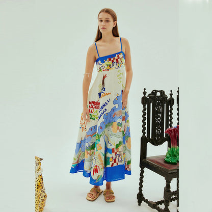 Sexy Sling Graffiti Cotton Linen Printed Large Swing Dress Women Blue and White Cartoon
