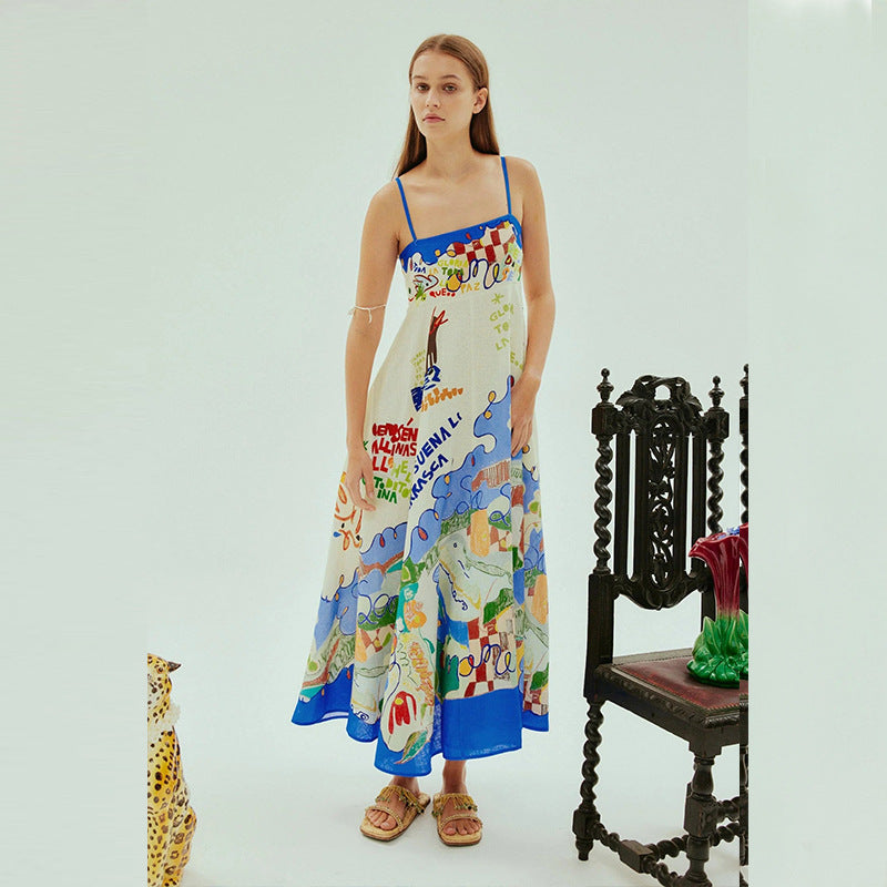 Sexy Sling Graffiti Cotton Linen Printed Large Swing Dress Women Blue and White Cartoon