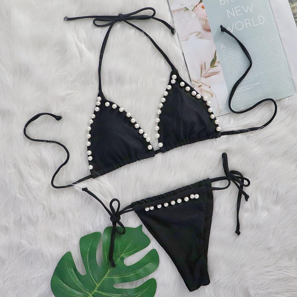 Sexy Bikini Solid Color Lace Up Pearl Swimsuit Split Swimsuit Black Without Blouse