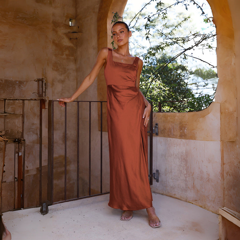 Spring Women V Neck Sleeveless Sexy Solid Color Sheath Dress Coffee