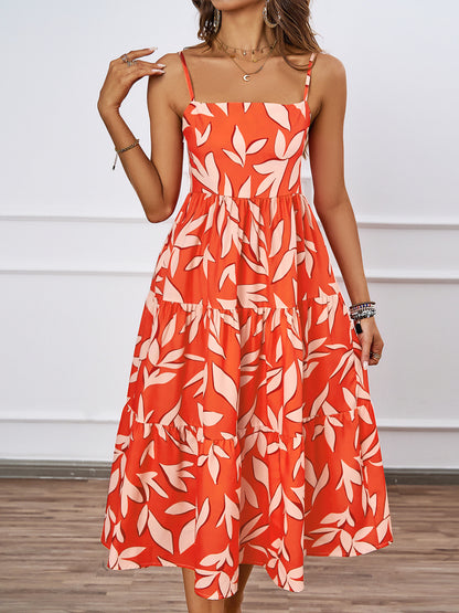 Vacation Spaghetti Strap Backless A line Long Casual Swing Printing Dress Women Orange Printing