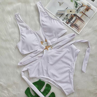Bikini Sexy Deep V Plunge neck Metal Strap Women Swimsuit High Waist Bathing Suit White
