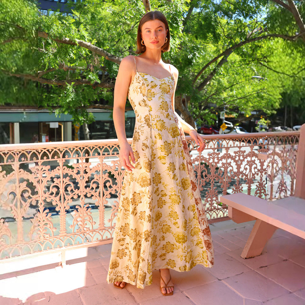 Casual Printing Sexy Backless Spaghetti Straps Large Swing Dress Yellow Floral