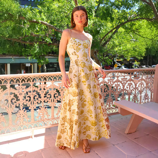 Casual Printing Sexy Backless Spaghetti Straps Large Swing Dress Yellow Floral