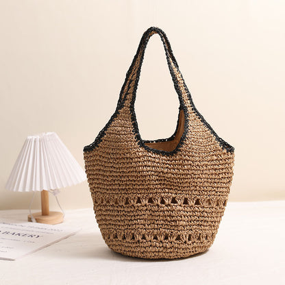 Large Capacity One Shoulder Straw Bag Casual Hollow Out Cutout Portable Straw Bag Woven Bag Women Seaside Vacation Beach Bag