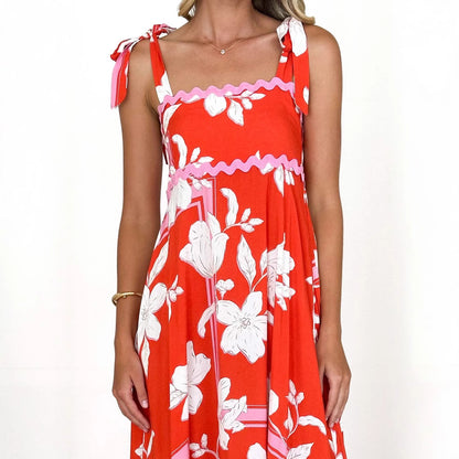 Floral Wave Halter Dress - Spaghetti Strap A-Line Maxi Dress with Tie Details Red
