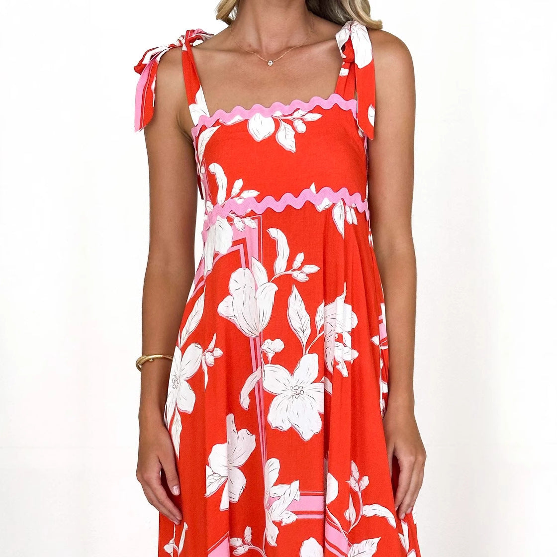 Floral Wave Halter Dress - Spaghetti Strap A-Line Maxi Dress with Tie Details Red